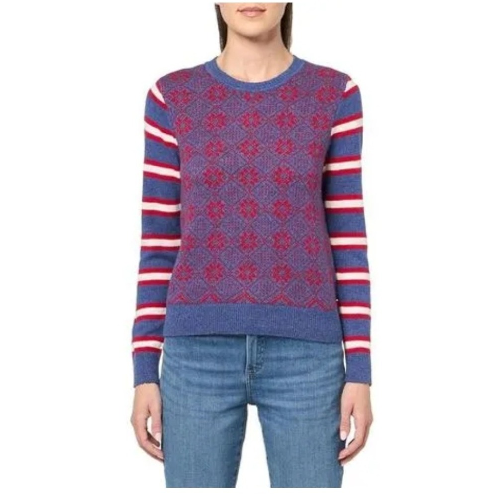 Tommy Hilfiger Women's M Blue Red Fair Isle Striped Crewneck Sweater J2XS0788